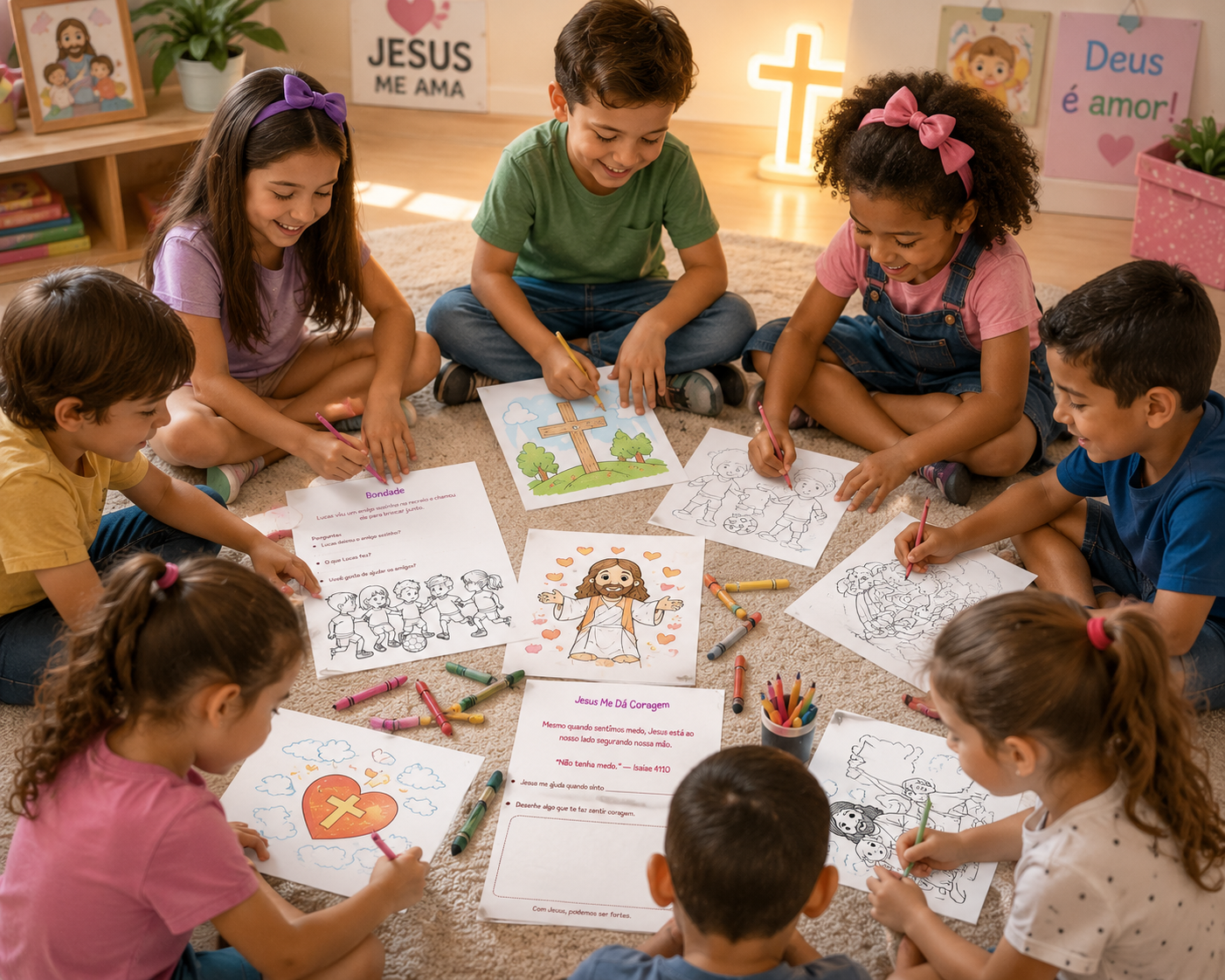 Crianças pintando atividades cristãs